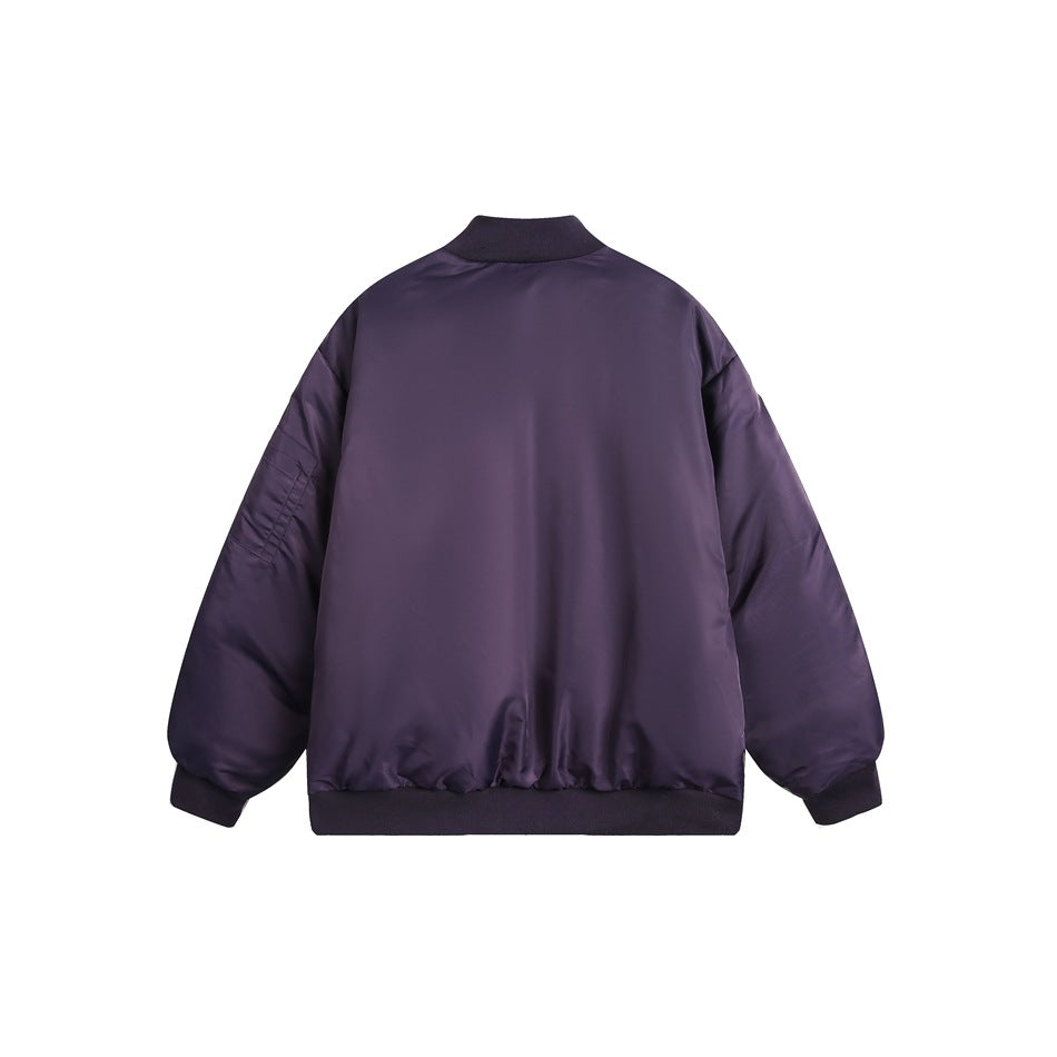 Back view of a dark purple bomber jacket with black ribbed collar, cuffs, and hem.