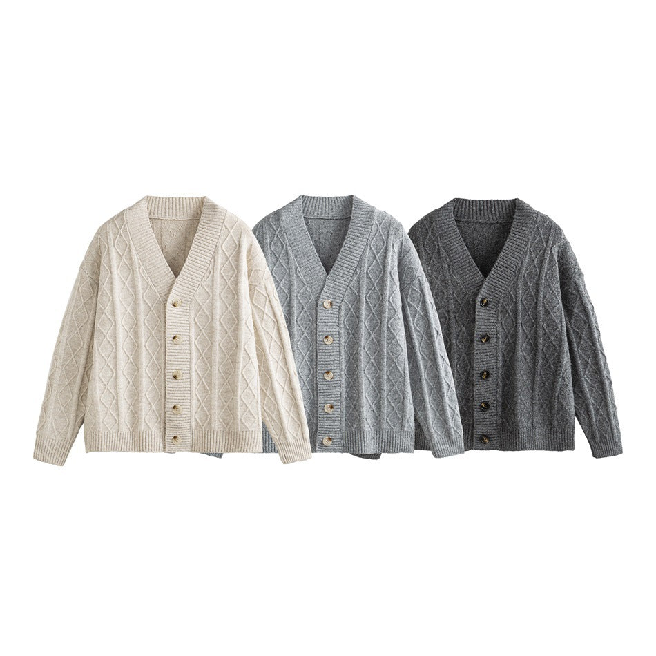 Three diamond-knit button-front cardigans shown together in cream, light gray, and charcoal.