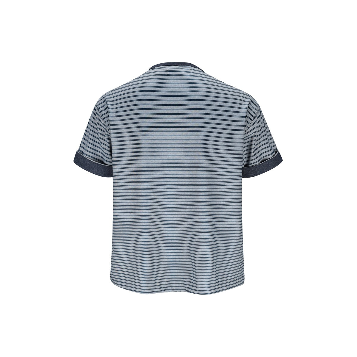 Back view of a blue-gray short-sleeve shirt with narrow dark horizontal stripes and dark sleeve cuffs.