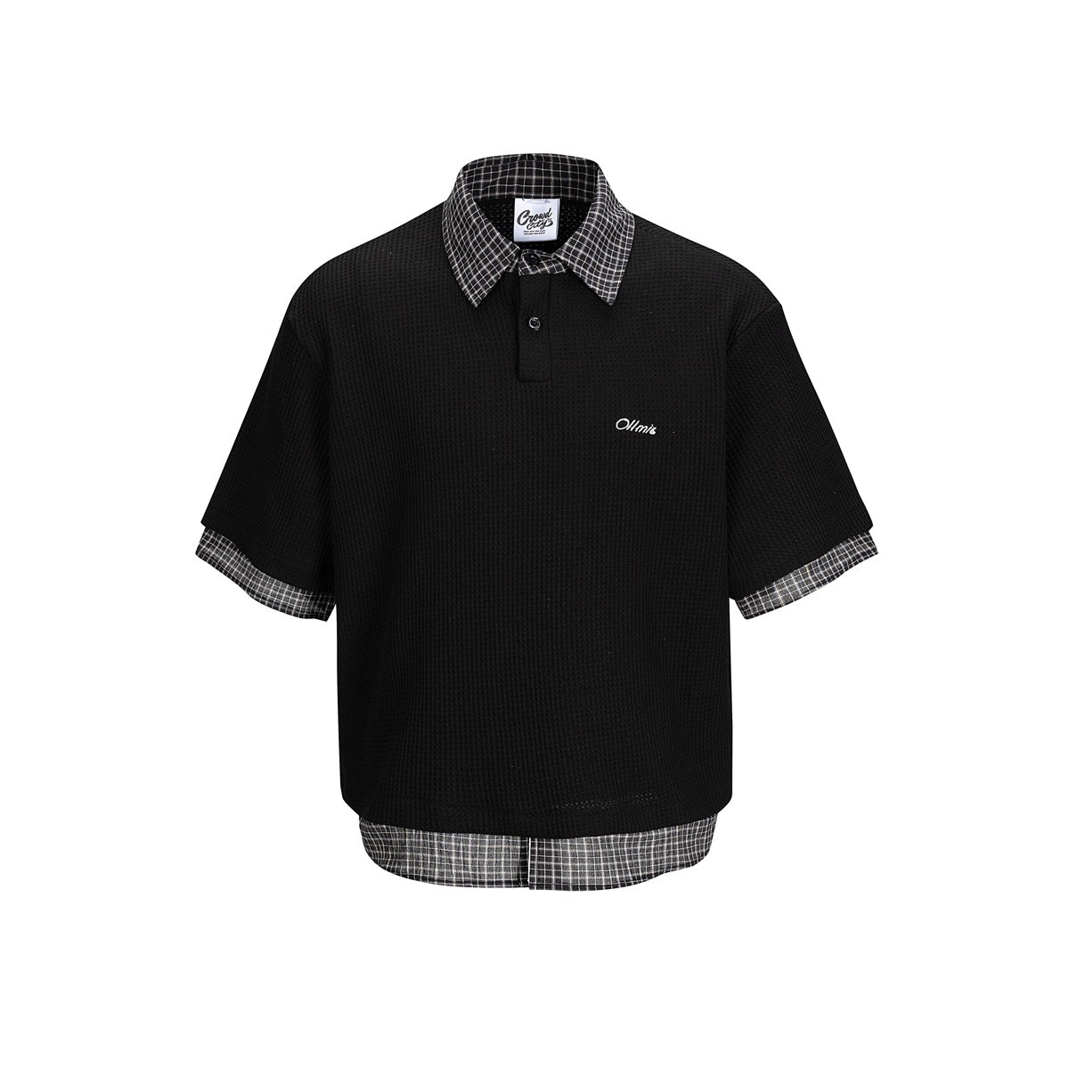 Black waffle-knit polo-style top with black and white plaid collar, cuffs and hem, front view