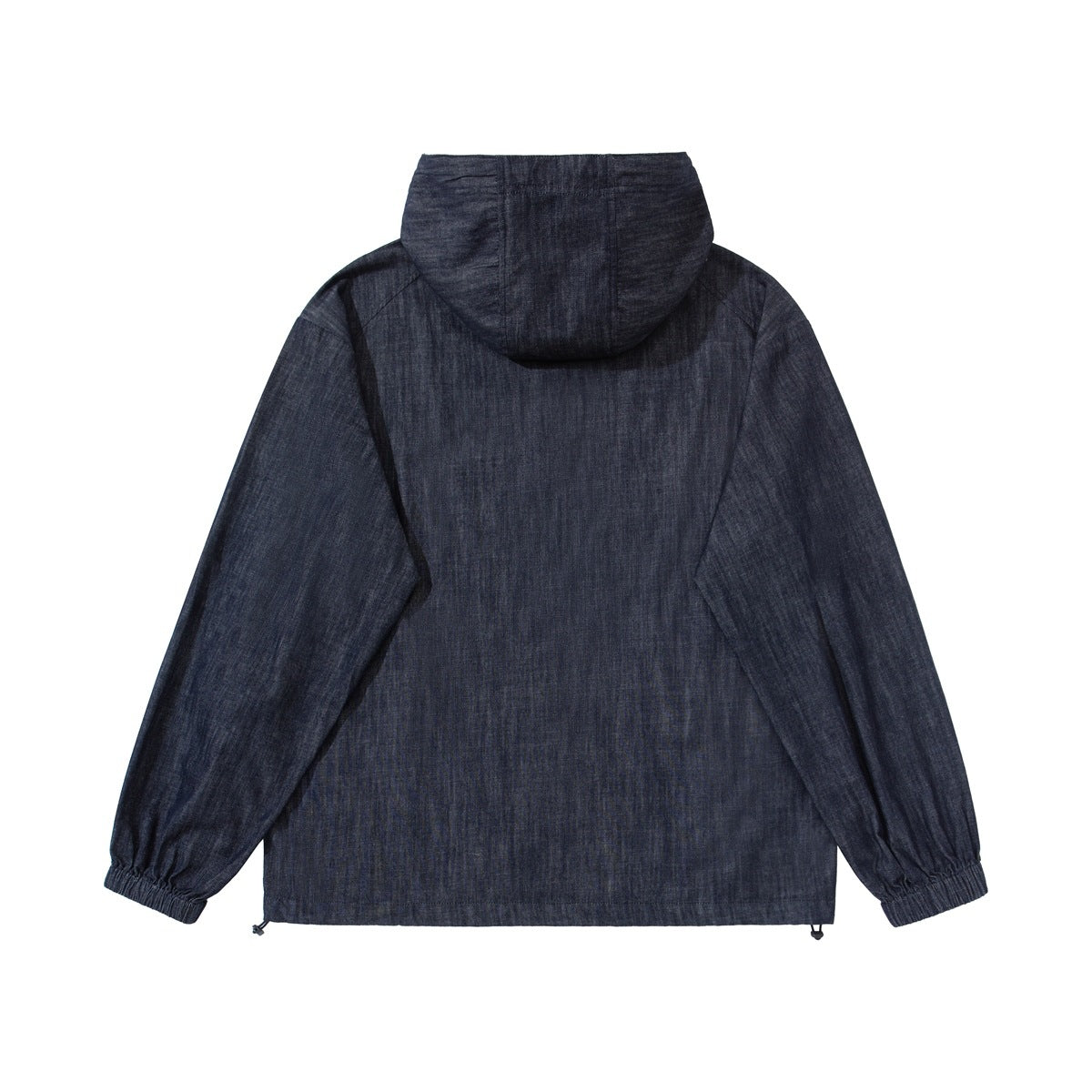 Back view of a dark indigo hooded pullover jacket with long sleeves and elasticated cuffs.