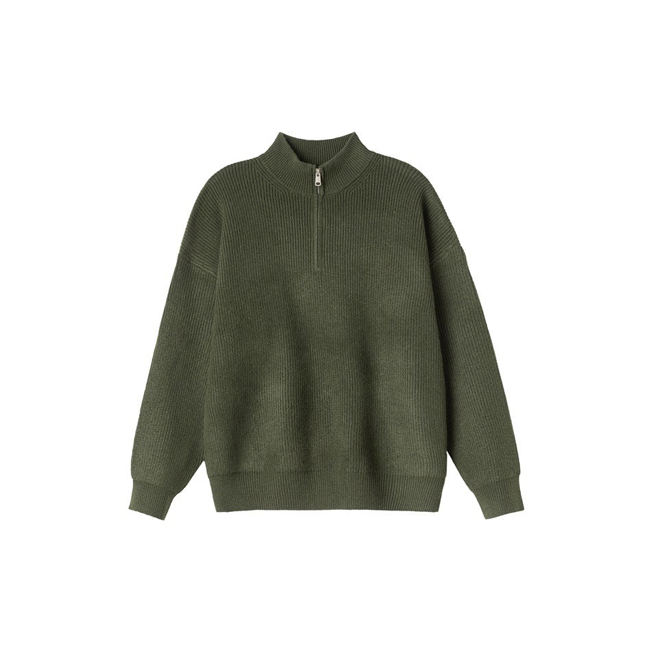 Front view of an olive green rib-knit sweater with a short zip and high collar.