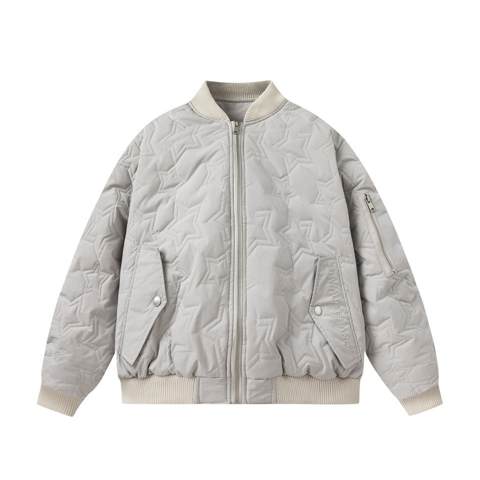 Light gray quilted star-pattern bomber jacket with cream ribbed collar, cuffs and hem, front zipper and flap pockets