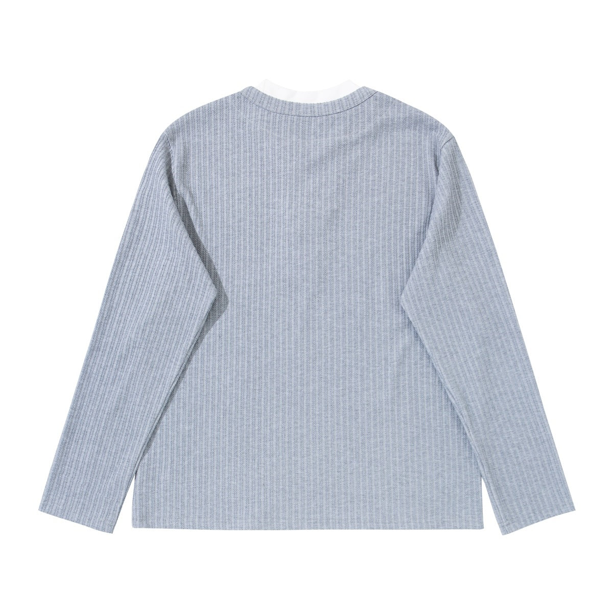 Back view of a light gray ribbed long-sleeve shirt, laid flat with a white crew-neck layer visible at the collar.