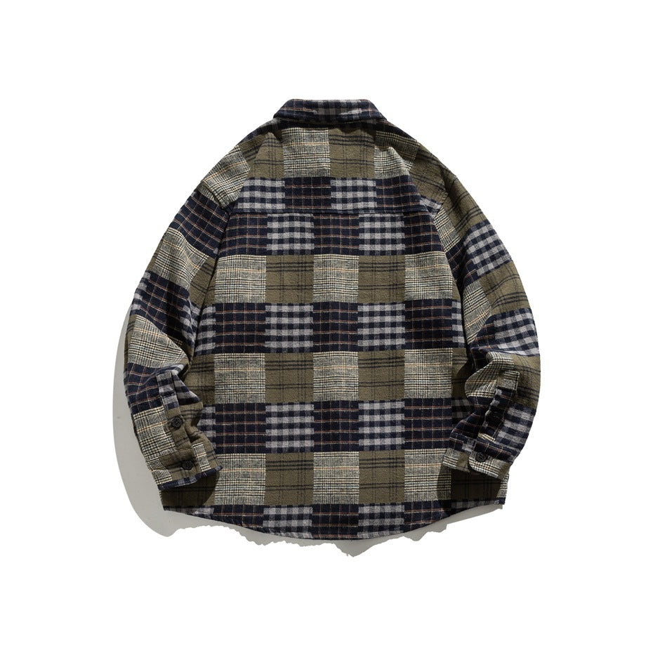 Back view of a long-sleeve button-up shirt with a patchwork-style plaid in navy, gray, cream, and olive.