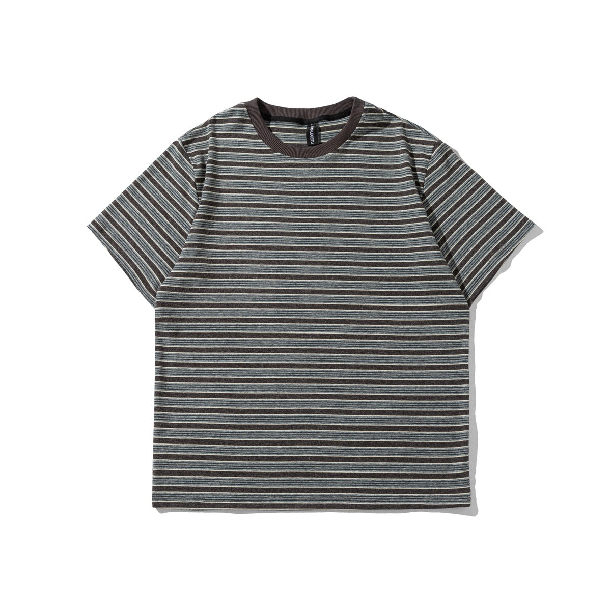 Front view of a short-sleeve crew-neck T-shirt with gray, blue-gray and cream horizontal stripes and a dark ribbed collar