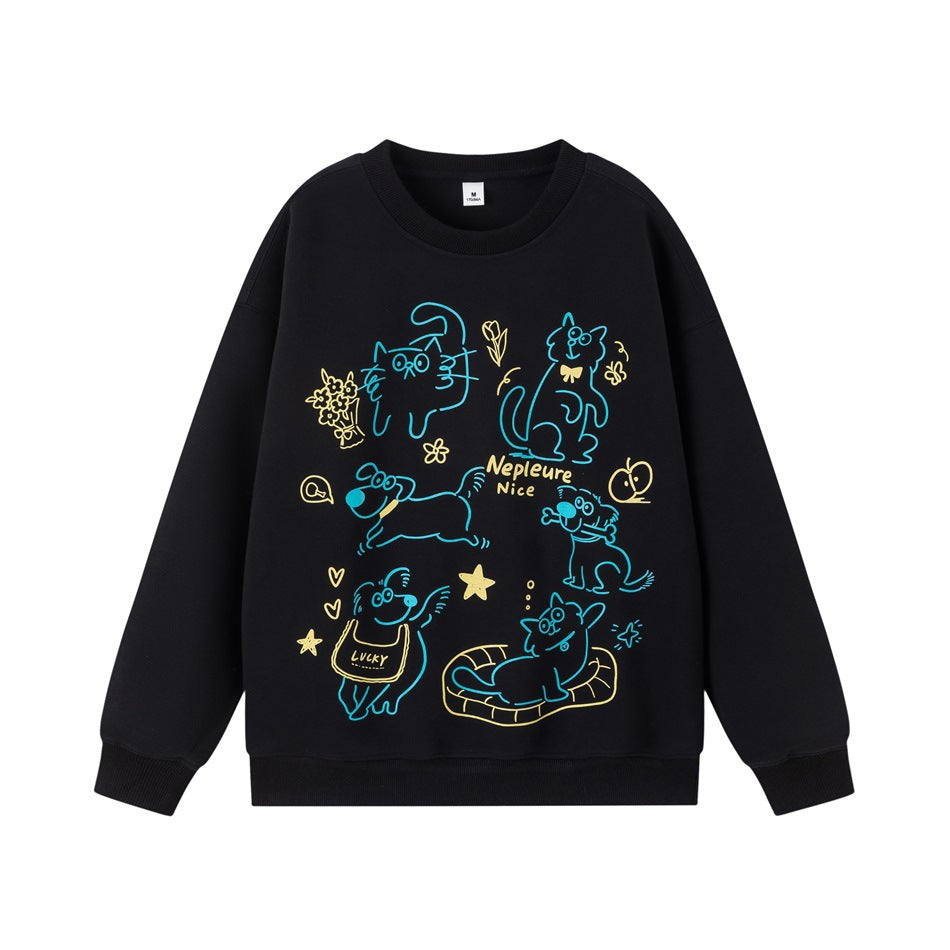 Black crew-neck sweatshirt with teal and yellow cat and dog line-art print on the front