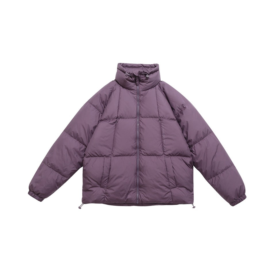 Front view of a plum puffer jacket with a high collar, center zipper, zip pockets and elastic cuffs.