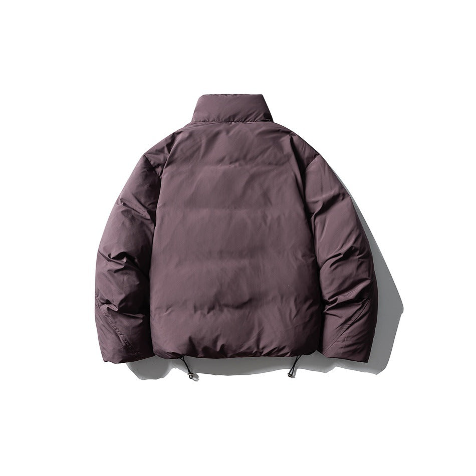 Back view of a mauve padded jacket with a high collar, full sleeves, and adjustable hem cords.