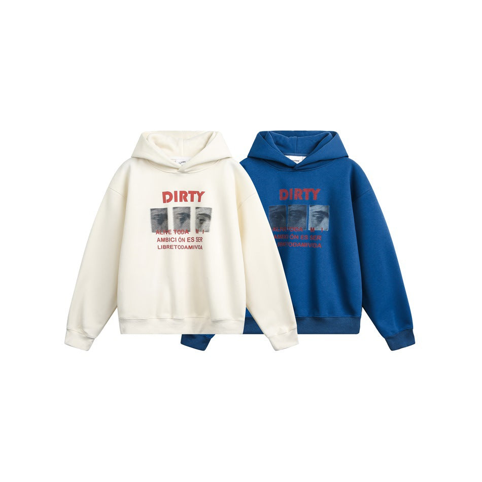 Two hoodies displayed side by side in cream and blue, each with a red-and-black chest graphic.