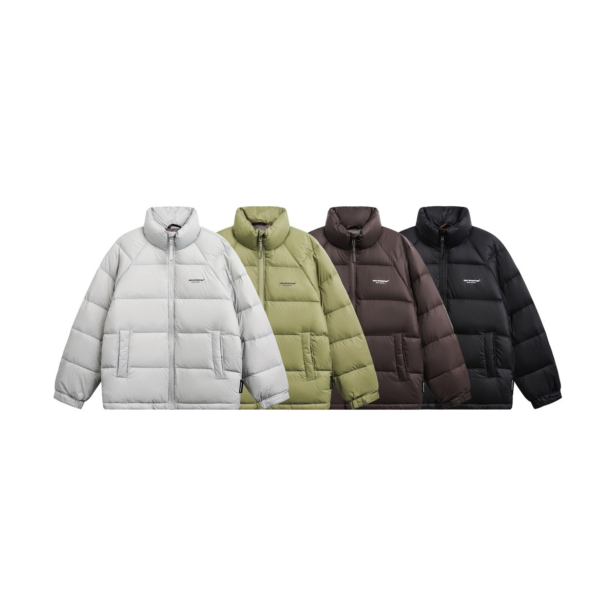 Four quilted puffer jackets shown together in light gray, olive green, dark brown, and black.