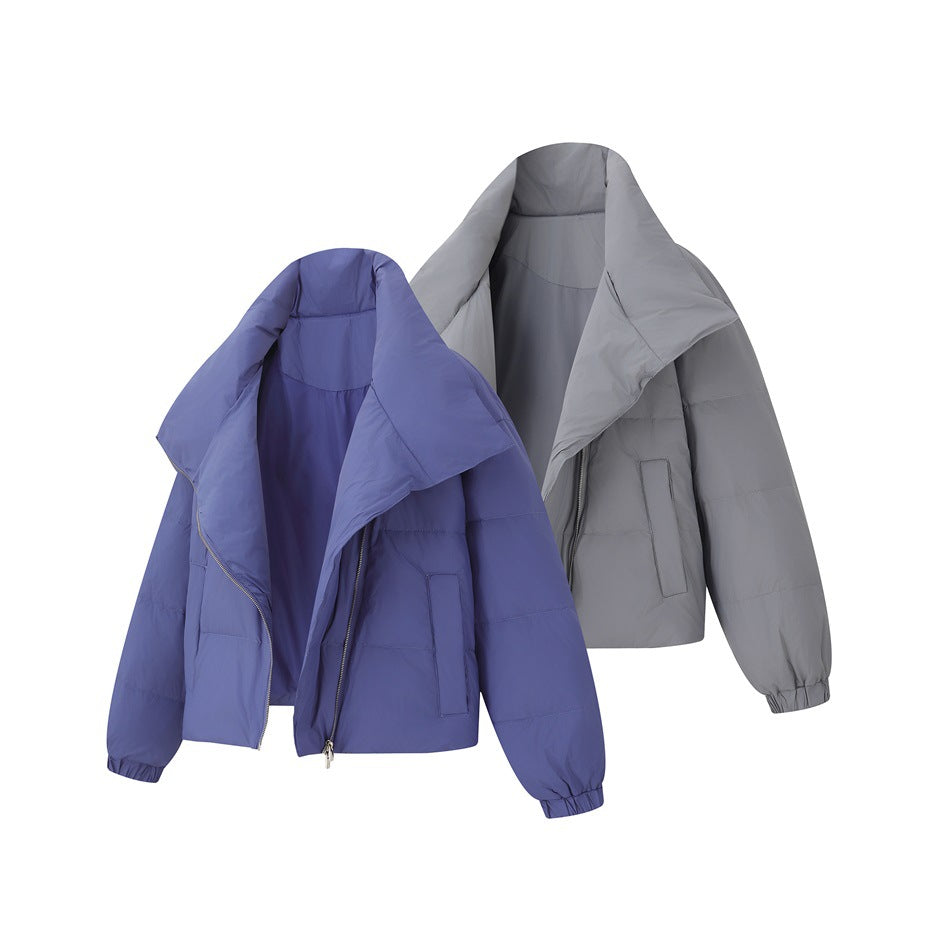 Two cropped padded jackets with oversized collars, shown in blue and light gray.