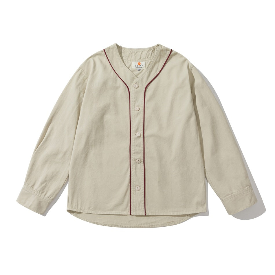 Off-white baseball-style button-front shirt with burgundy piping, flat lay front view