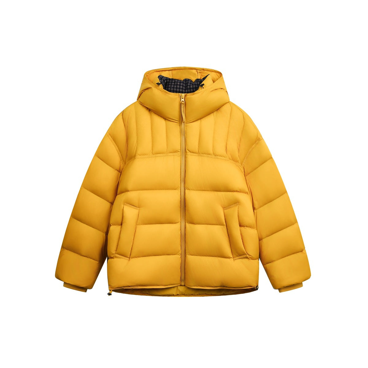 Yellow hooded puffer jacket, front view, with channel quilting, front zipper and pockets