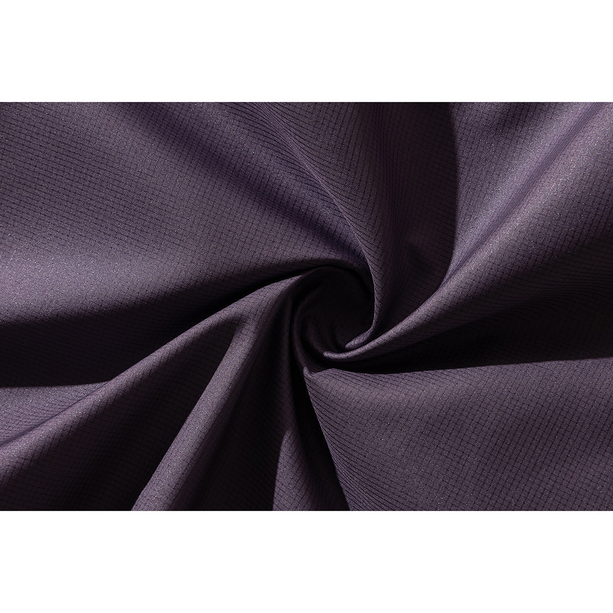 Close-up showing the fine grid texture of purple jacket fabric gathered into folds.