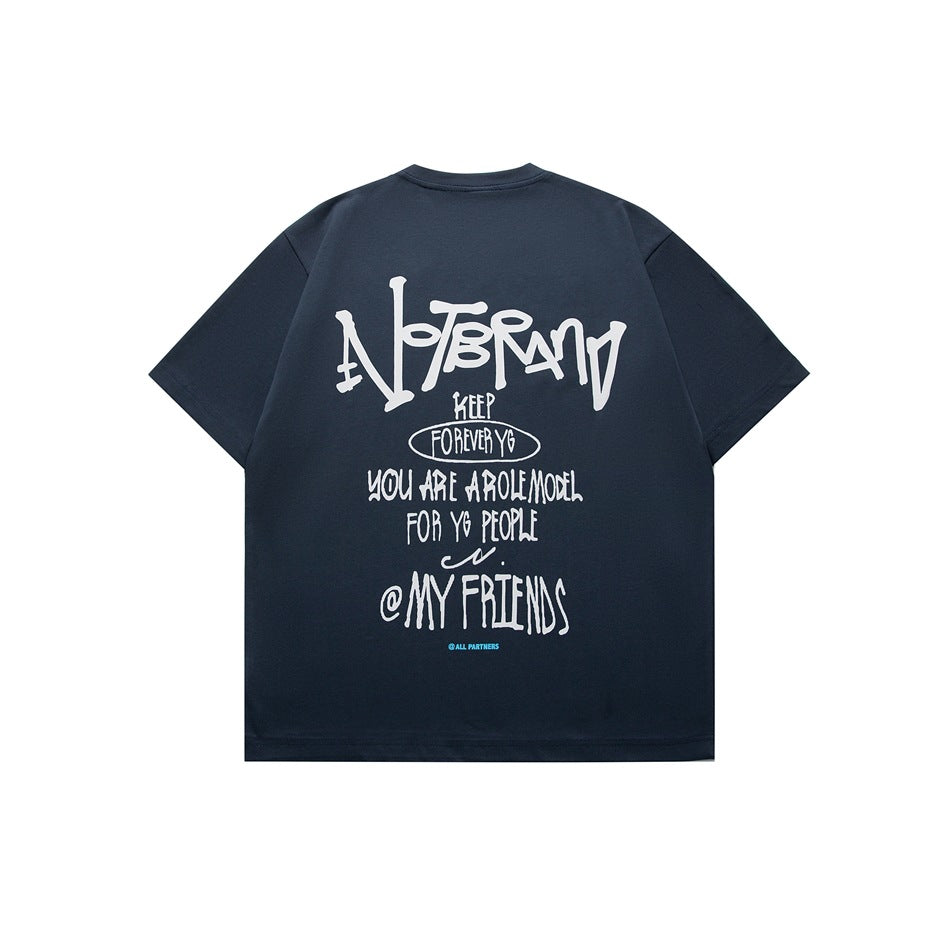 Navy blue short-sleeve T-shirt back with large white graffiti-style lettering print
