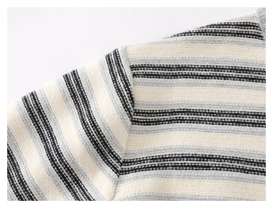 Close-up of the cream sweater's striped knit across the shoulder and sleeve.