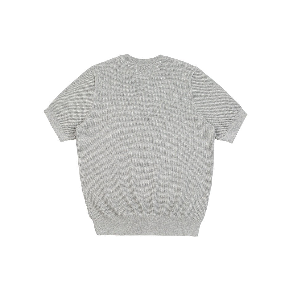 Gray short-sleeve textured knit top, flat back view with ribbed hem and sleeve cuffs