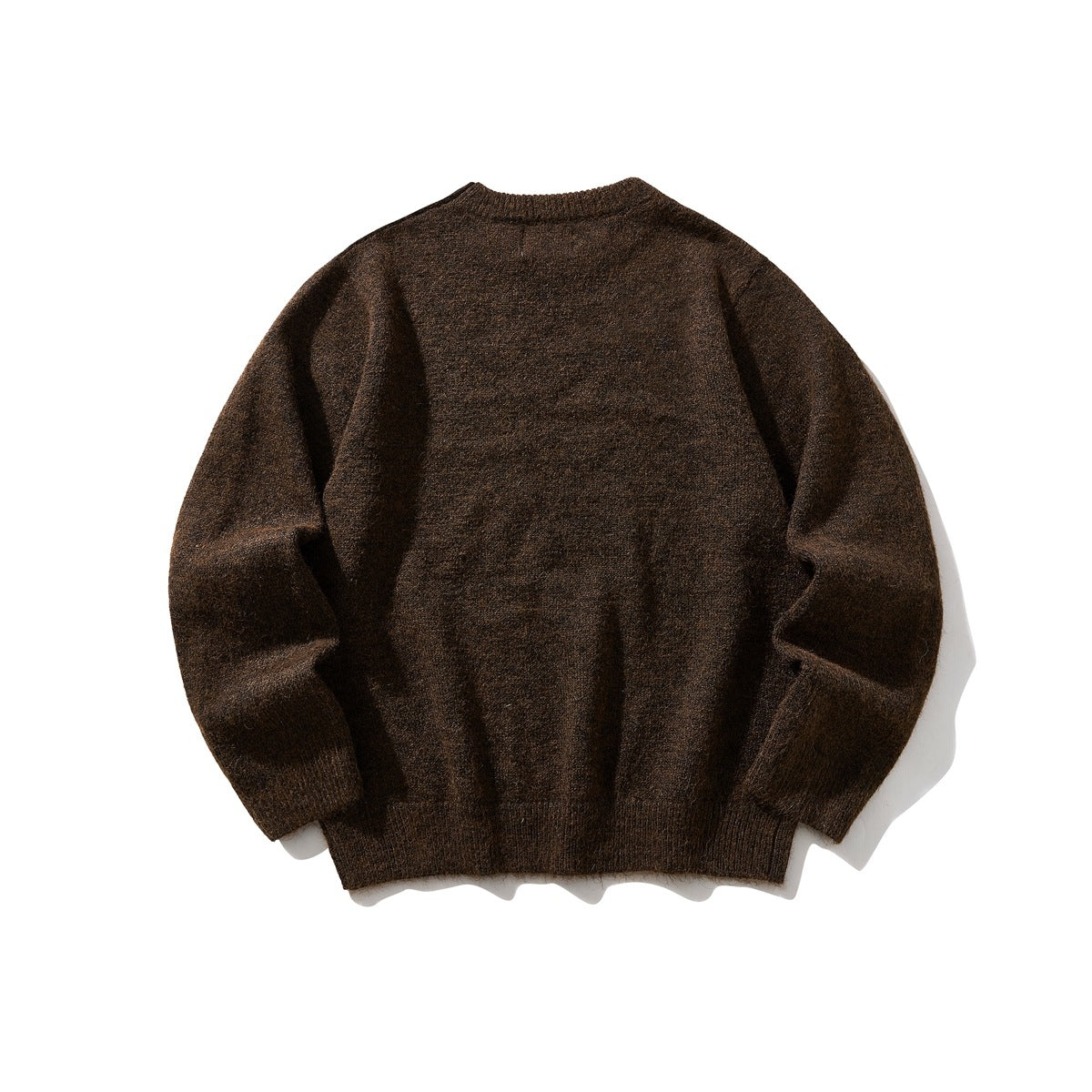 Back view of dark brown brushed-knit crewneck sweater with ribbed hem and long sleeves, flat lay