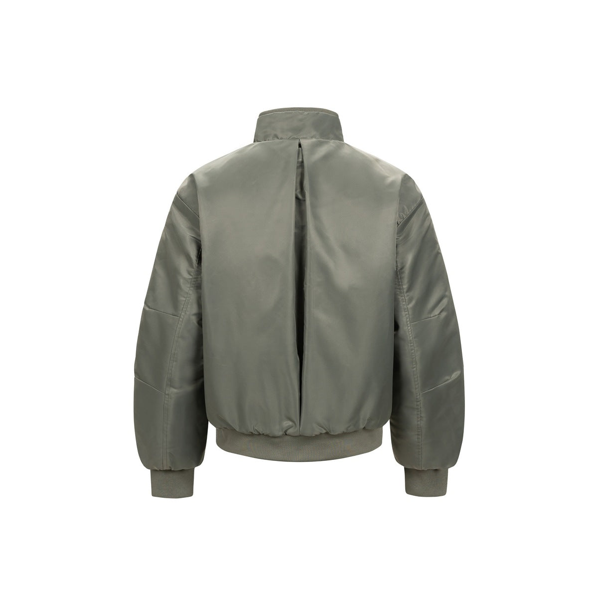 Back view of an olive-gray bomber jacket with a stand collar, long sleeves, and ribbed cuffs and hem.