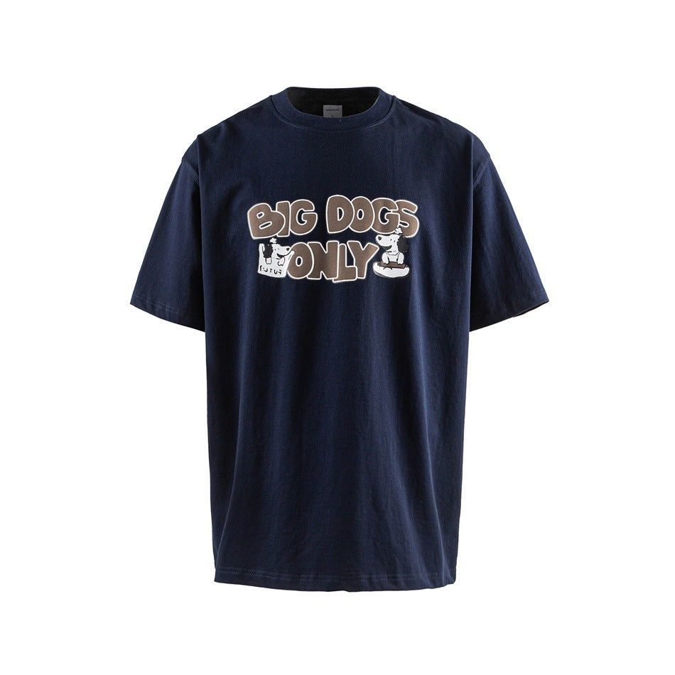 Navy crew-neck T-shirt with brown and white 'BIG DOGS ONLY' cartoon dog chest print, front view flat