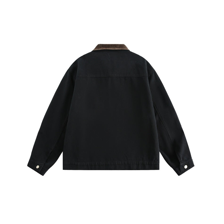 Back view of a black jacket with a brown corduroy collar, snap-button cuffs and a straight hem.