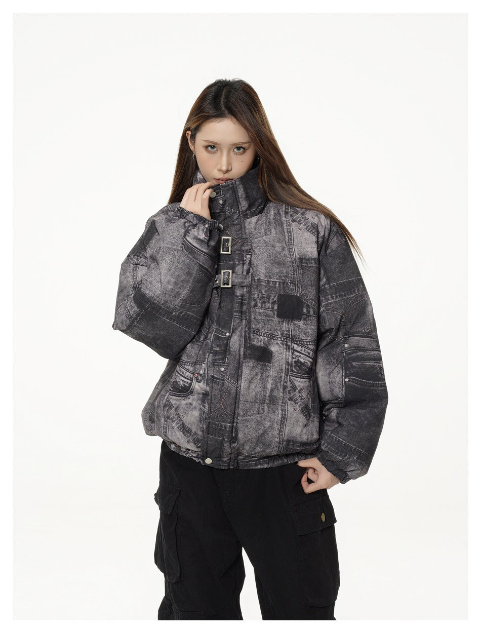 Woman wearing a gray denim-print stand-collar puffer jacket with buckle straps and black cargo pants