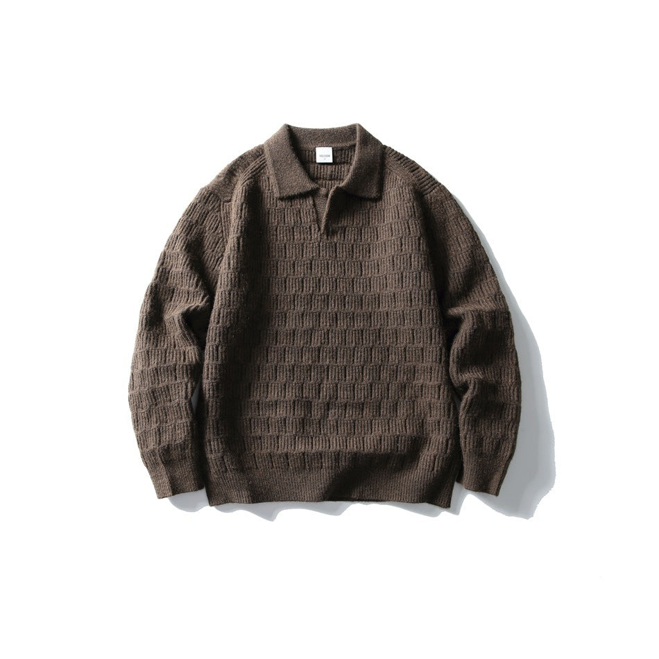 Brown textured knit polo-collar sweater with V placket and ribbed cuffs, laid flat, front view