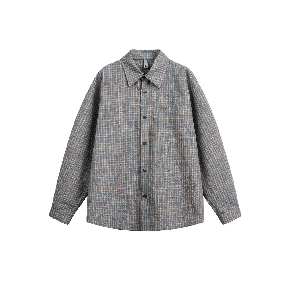 Gray plaid long-sleeve button-up shirt with pointed collar and chest pocket, flat lay front view