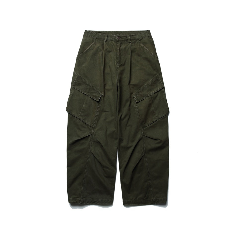 Army green wide-leg cargo pants with large side flap pockets and a pleated front, flat lay