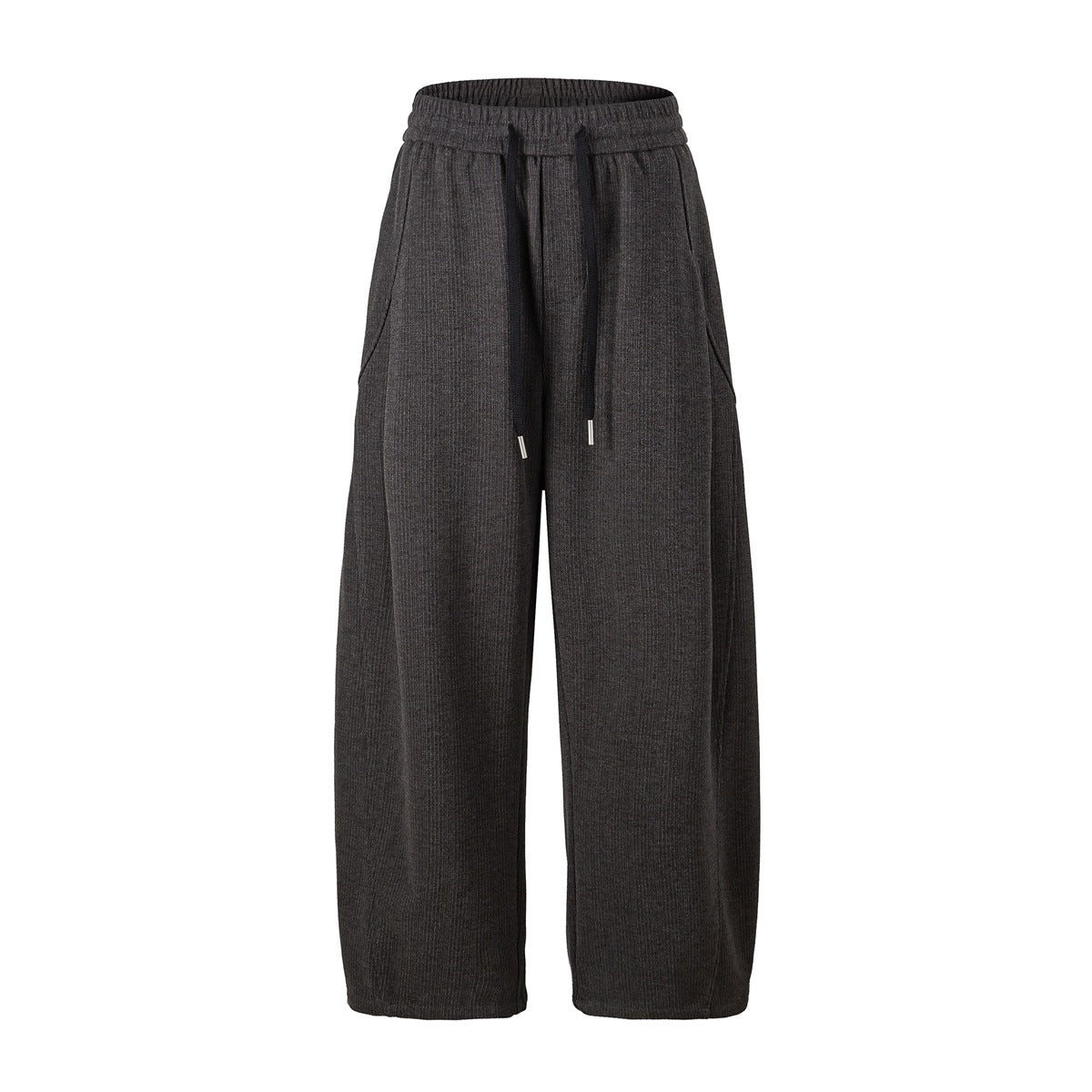 Dark charcoal gray wide-leg ribbed pants with elastic drawstring waist and curved side pockets, flat front view
