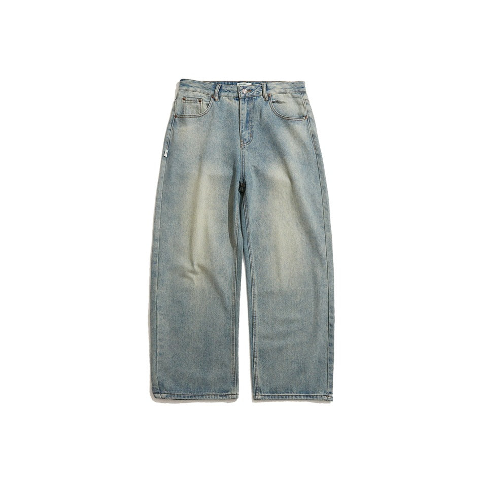 Front of light blue faded wide-leg jeans with button fly, belt loops and five-pocket styling on white background