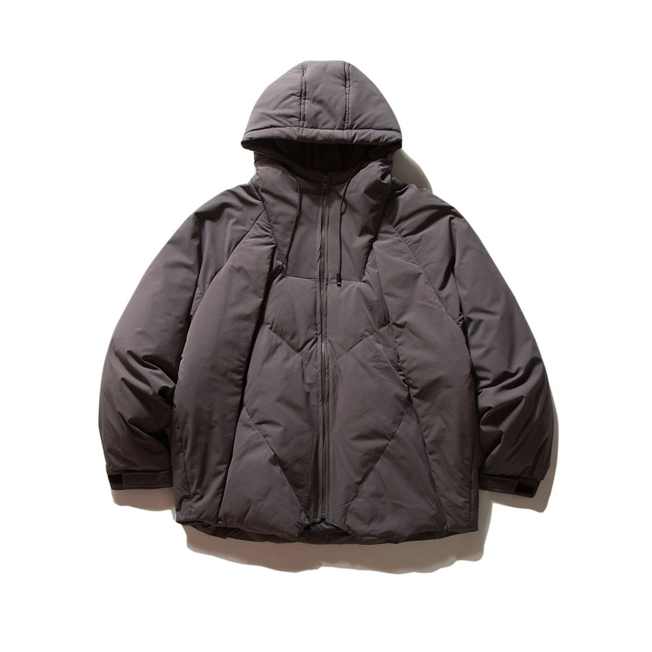 Dark gray hooded quilted jacket with front zipper and hood drawstrings, laid flat, front view