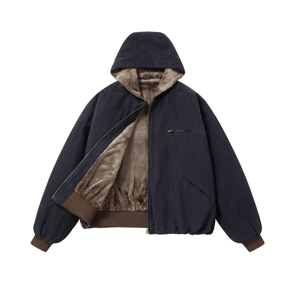 Navy hooded jacket flat lay with front unzipped, showing fleece-like lining and brown ribbed trim