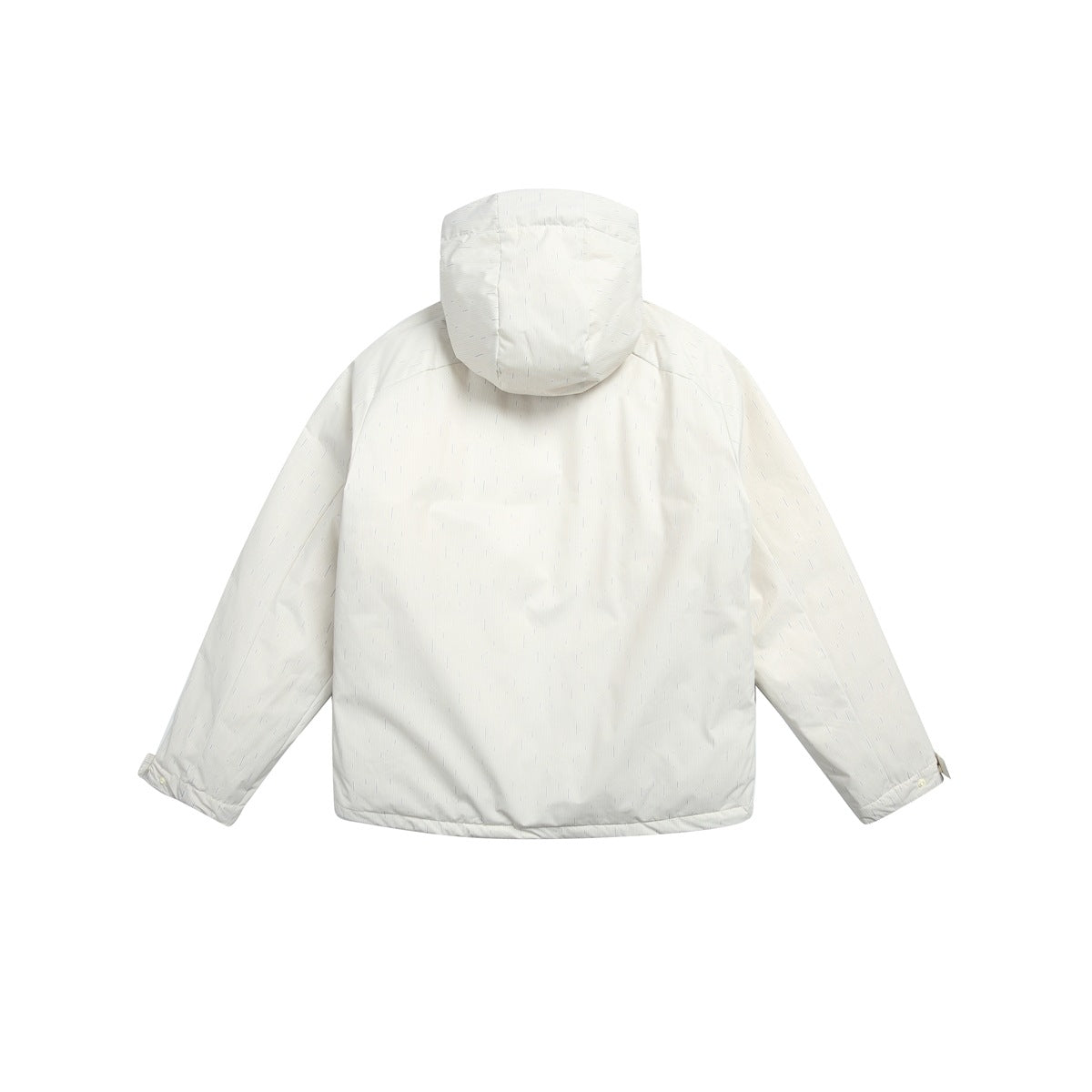 Back view of the white hooded jacket with subtle blue dash pattern, displayed flat against a white background.