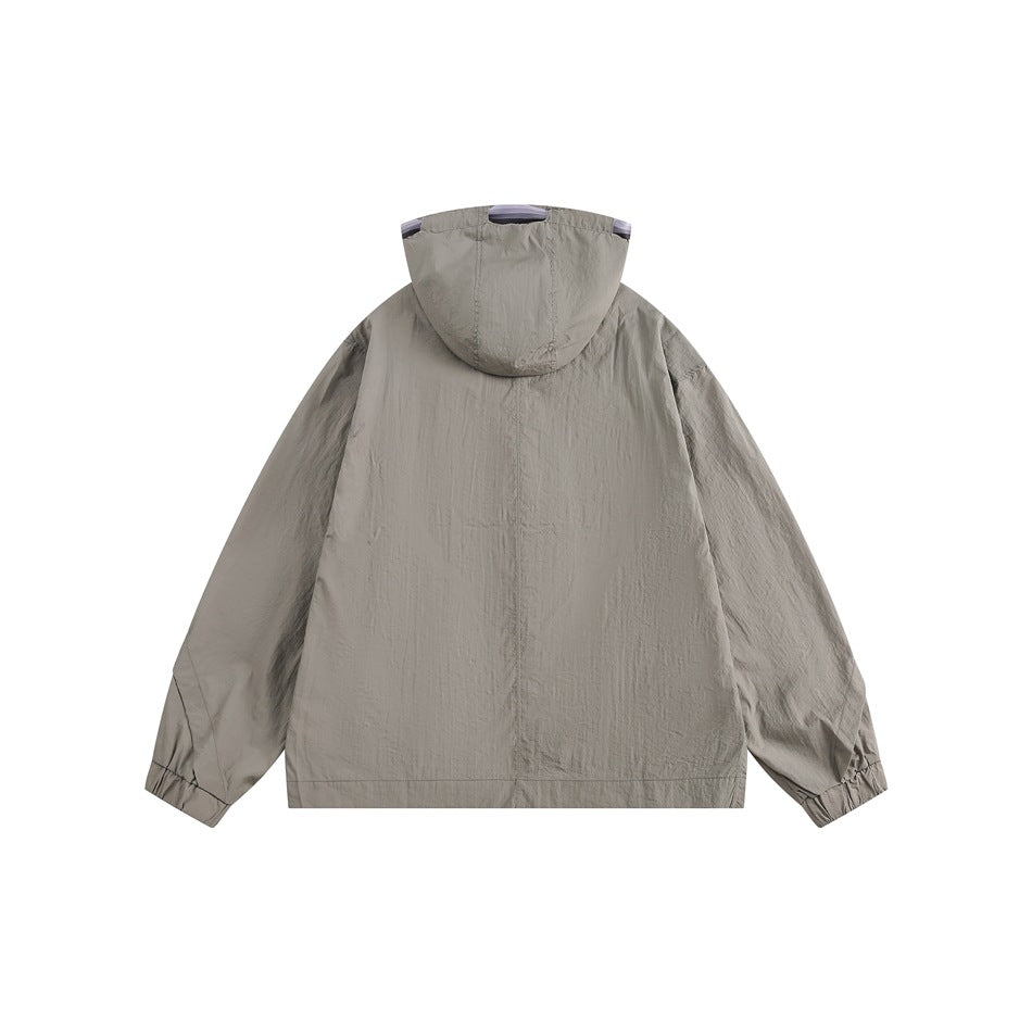 Back view of a gray hooded jacket with long sleeves and elasticated cuffs.