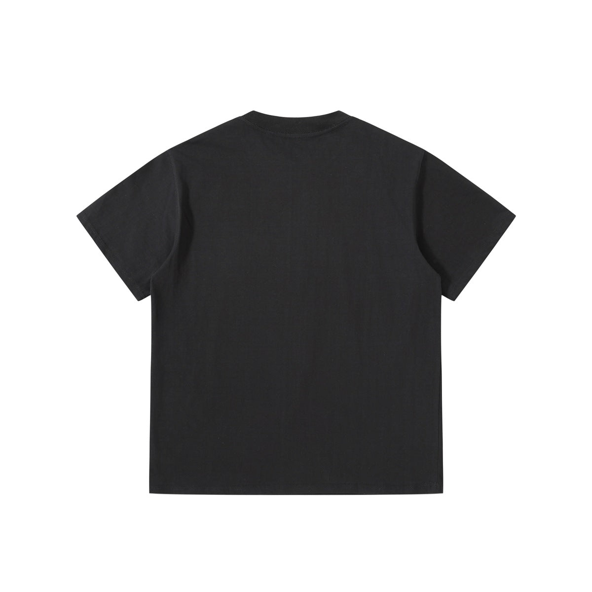 Back view of a plain black short-sleeve crew-neck T-shirt.