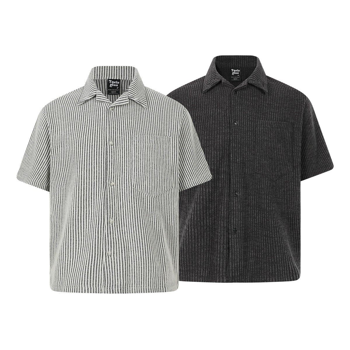 Two short-sleeve collared button-up shirts shown from the front: one white with black stripes and one charcoal gray.