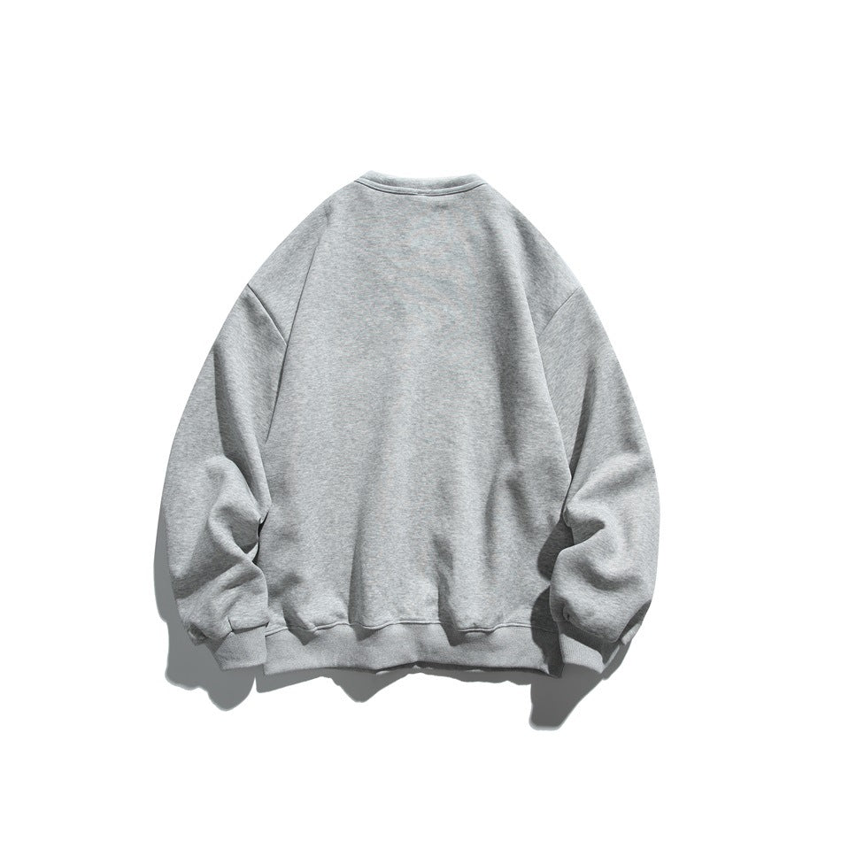 Back view of a plain heather-gray sweatshirt with long sleeves and ribbed cuffs and hem.