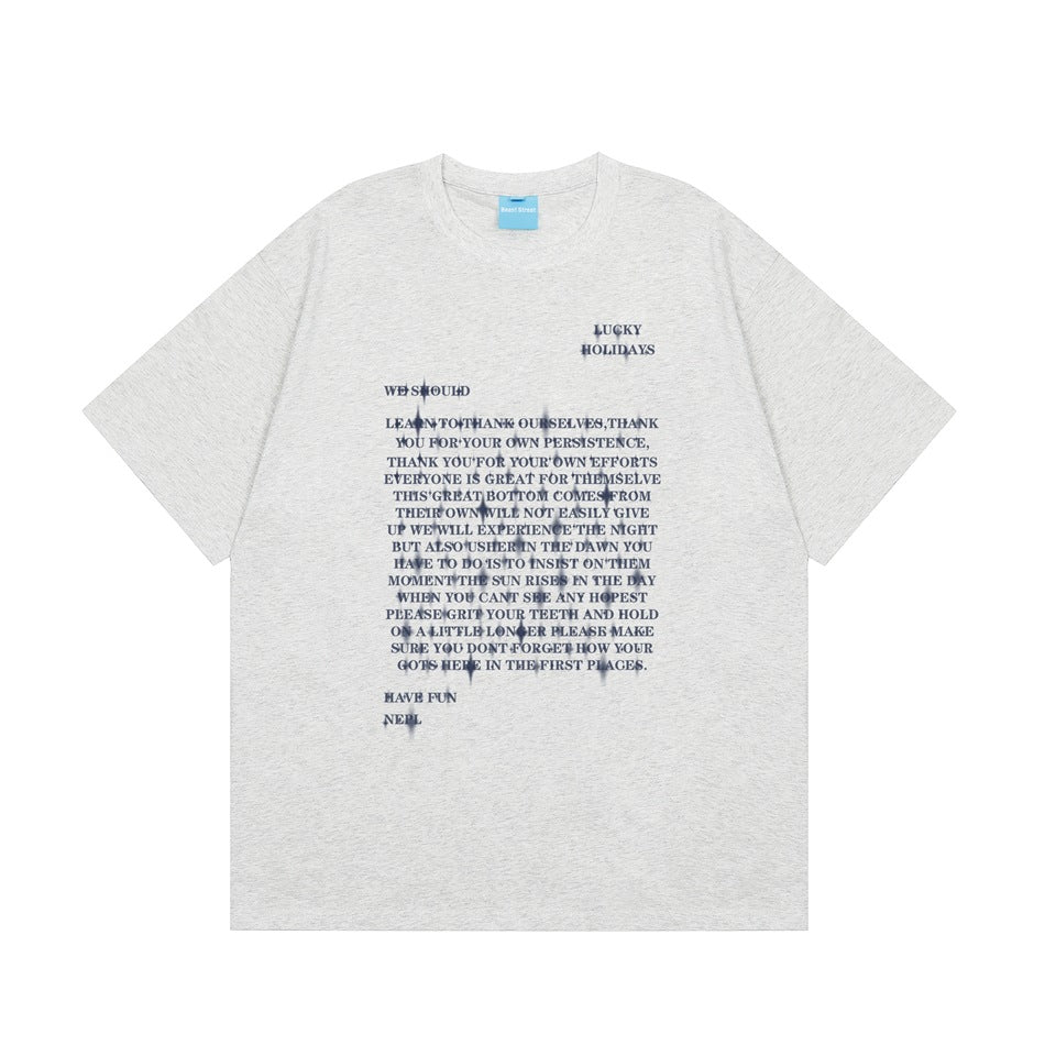 Light heathered gray short-sleeve T-shirt with navy English text and sparkle graphic on the front