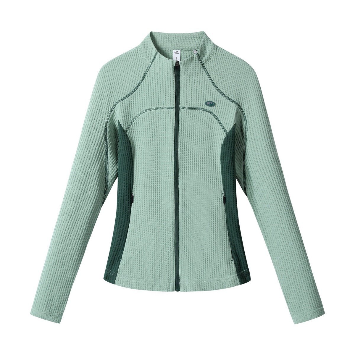Lake green waffle-textured full-zip jacket with dark green side panels and stitching, flat front view