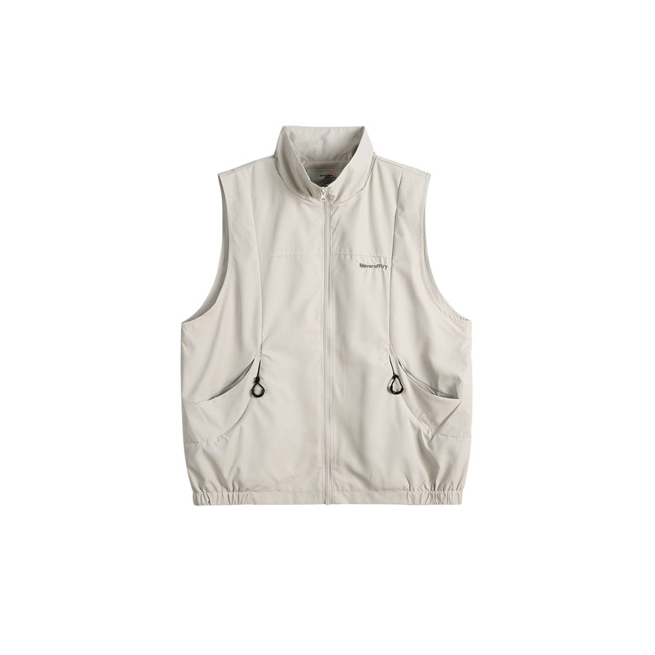 Light gray sleeveless stand-collar zip vest with curved front pockets and elasticated hem, flat front view