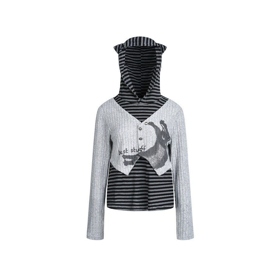 Gray ribbed vest-style overlay hoodie with striped cat-ear hood and black-gray striped base, front view
