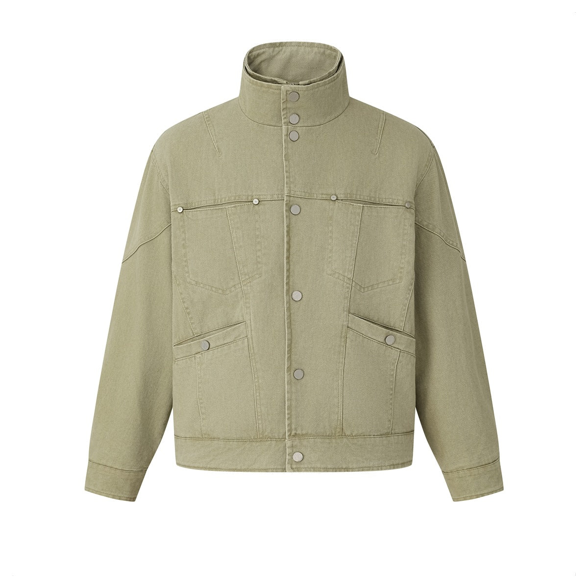 Front view of a khaki stand-collar jacket with snap closures, chest pockets, angled lower pockets, and long sleeves.