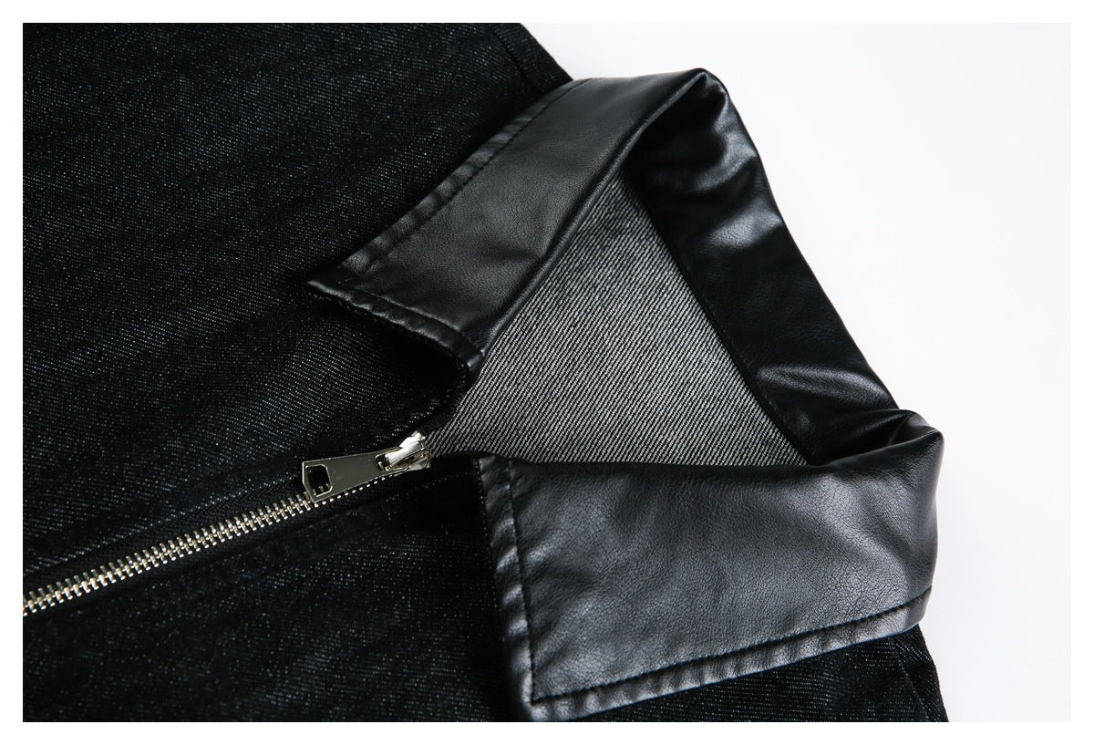 Close-up of a black jacket's glossy faux-leather collar, textured fabric, and silver zipper.