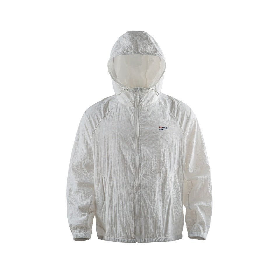 White hooded zip-front lightweight jacket with crinkled texture, drawcord hood and elastic cuffs, front view