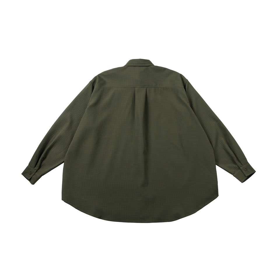 Army green long-sleeve shirt, flat back view with yoke seam, center pleat and button cuffs