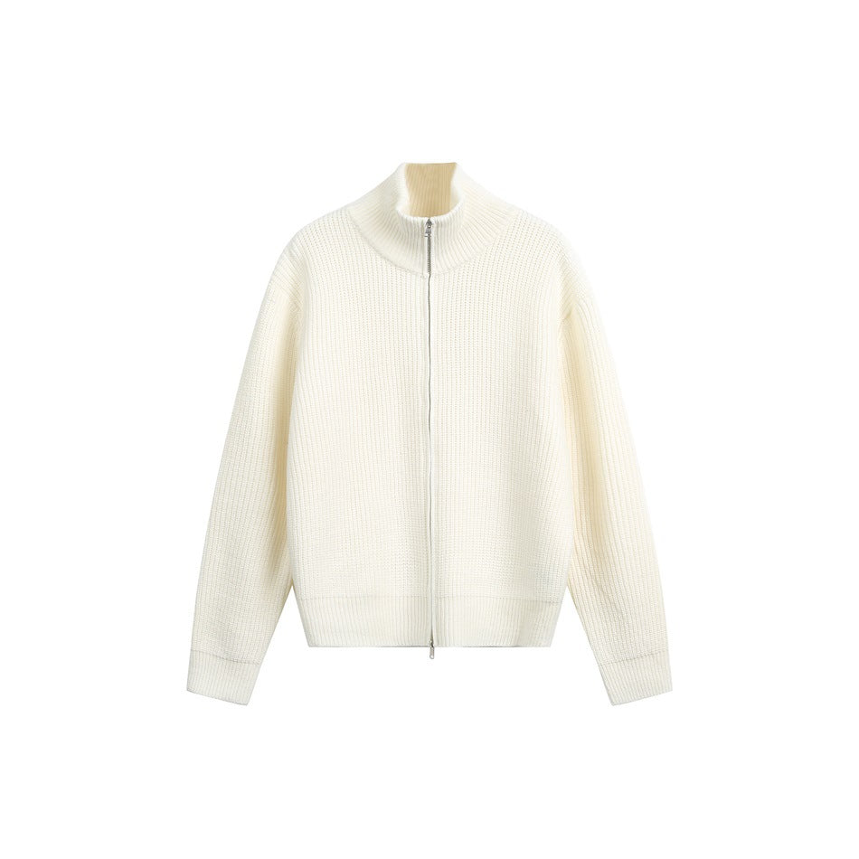Apricot rib-knit zip-up sweater with stand collar and full-length front zipper, flat front view