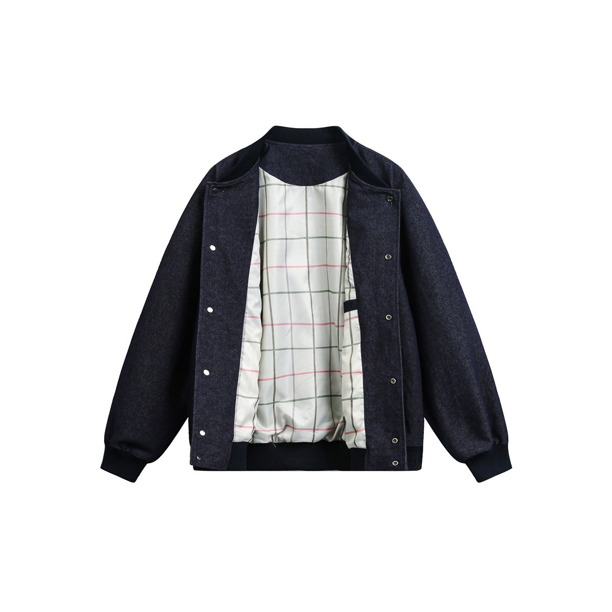 Dark navy snap-front jacket shown open, revealing white lining with a green and pink windowpane check.