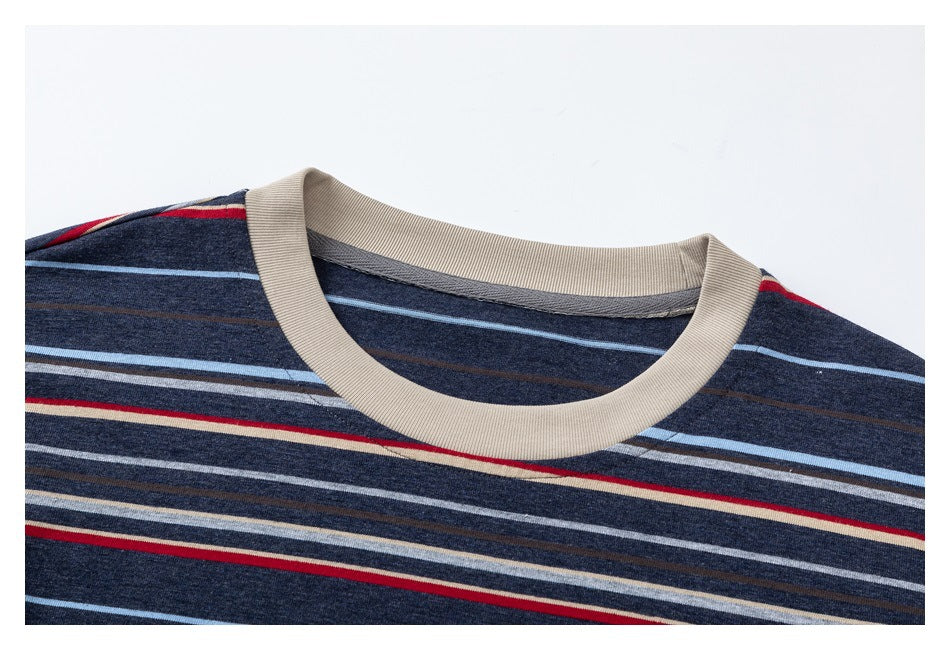 Close-up of a navy striped shirt's beige ribbed crew neckline and upper chest.